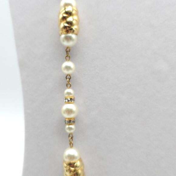 Vintage Faux Pearl Gold Tone Beaded Necklace With Rhinestone Accents No Clasp - Picture 3 of 8